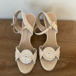 Jack Rogers Cream Leather Wedge Sandals with Whipstitch Trim Size 8.5